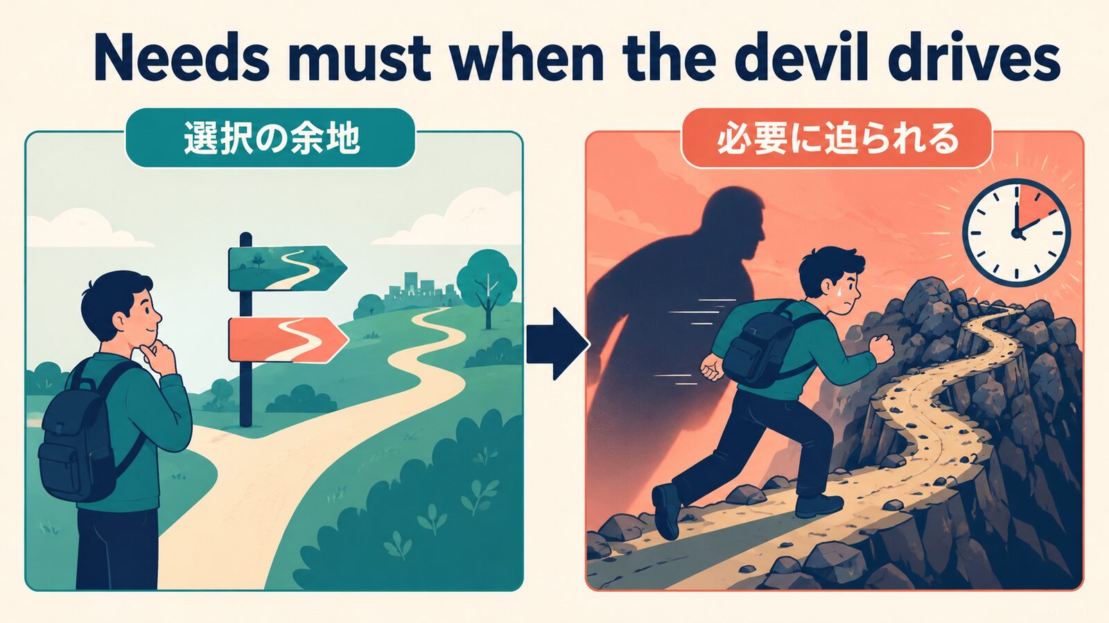 Needs must when the devil drives の直訳と実際のニュアンスを示す解説イラスト