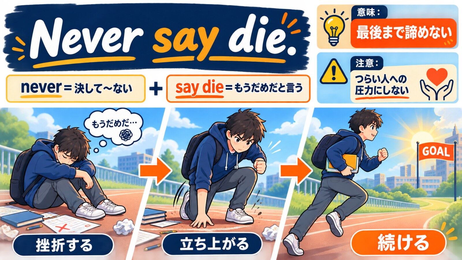 Never say die.の直訳と実際の意味を図解