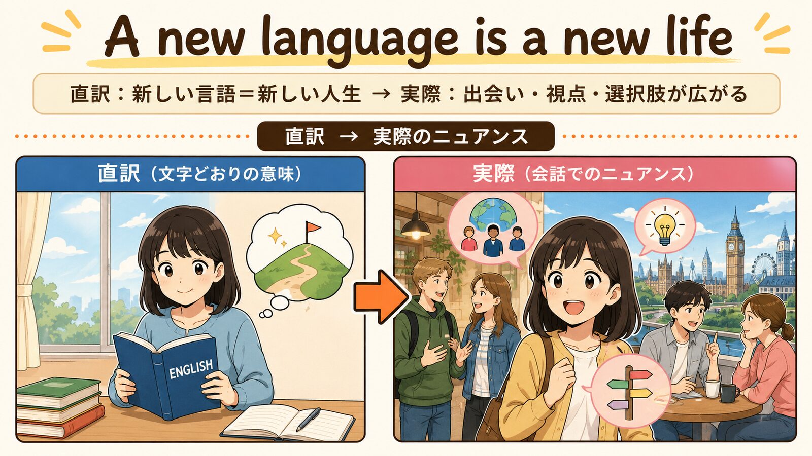 A new language is a new lifeの直訳と実際のニュアンスを説明する図