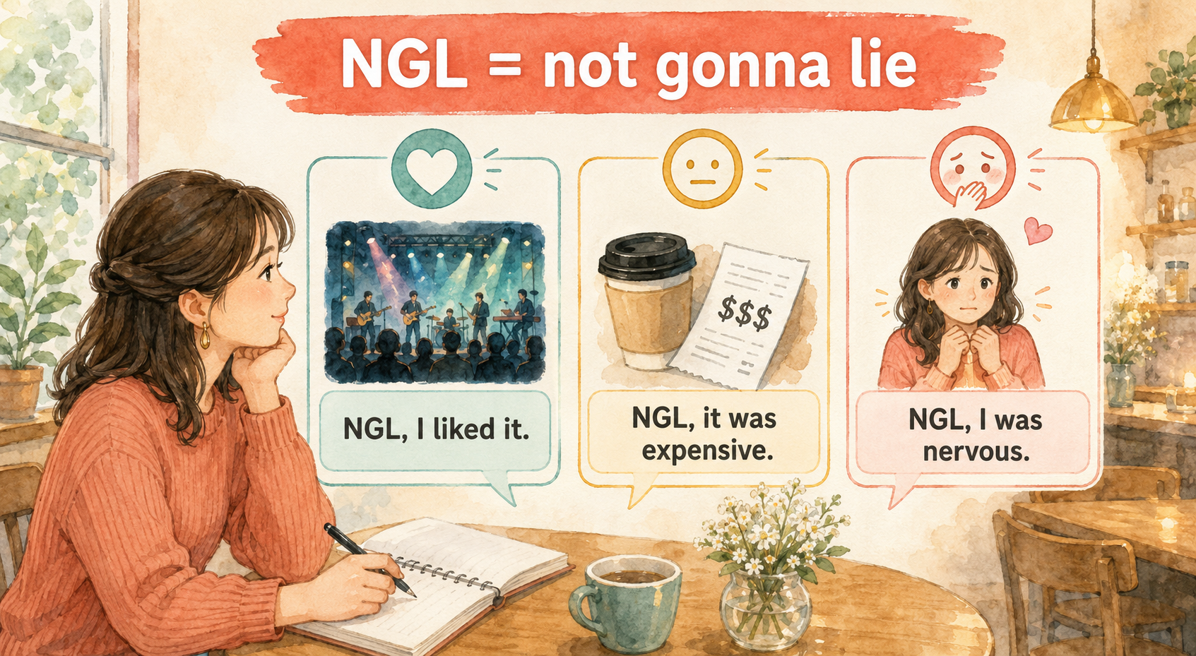 NGLを肯定、軽い批判、弱音に使う場面のイラスト