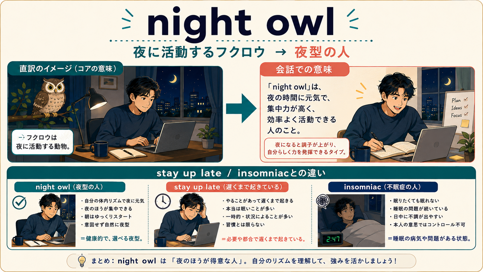night owlの意味は？「夜型の人・夜更かしが得意な人」の使い方・ニュアンスと例文