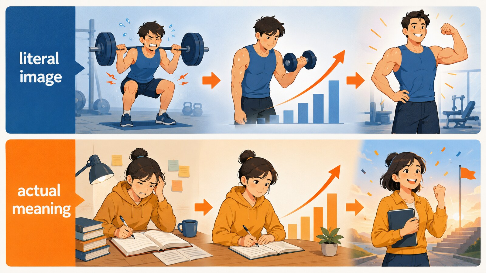 no pain, no gainの直訳イメージと実際の意味を比較する解説イラスト