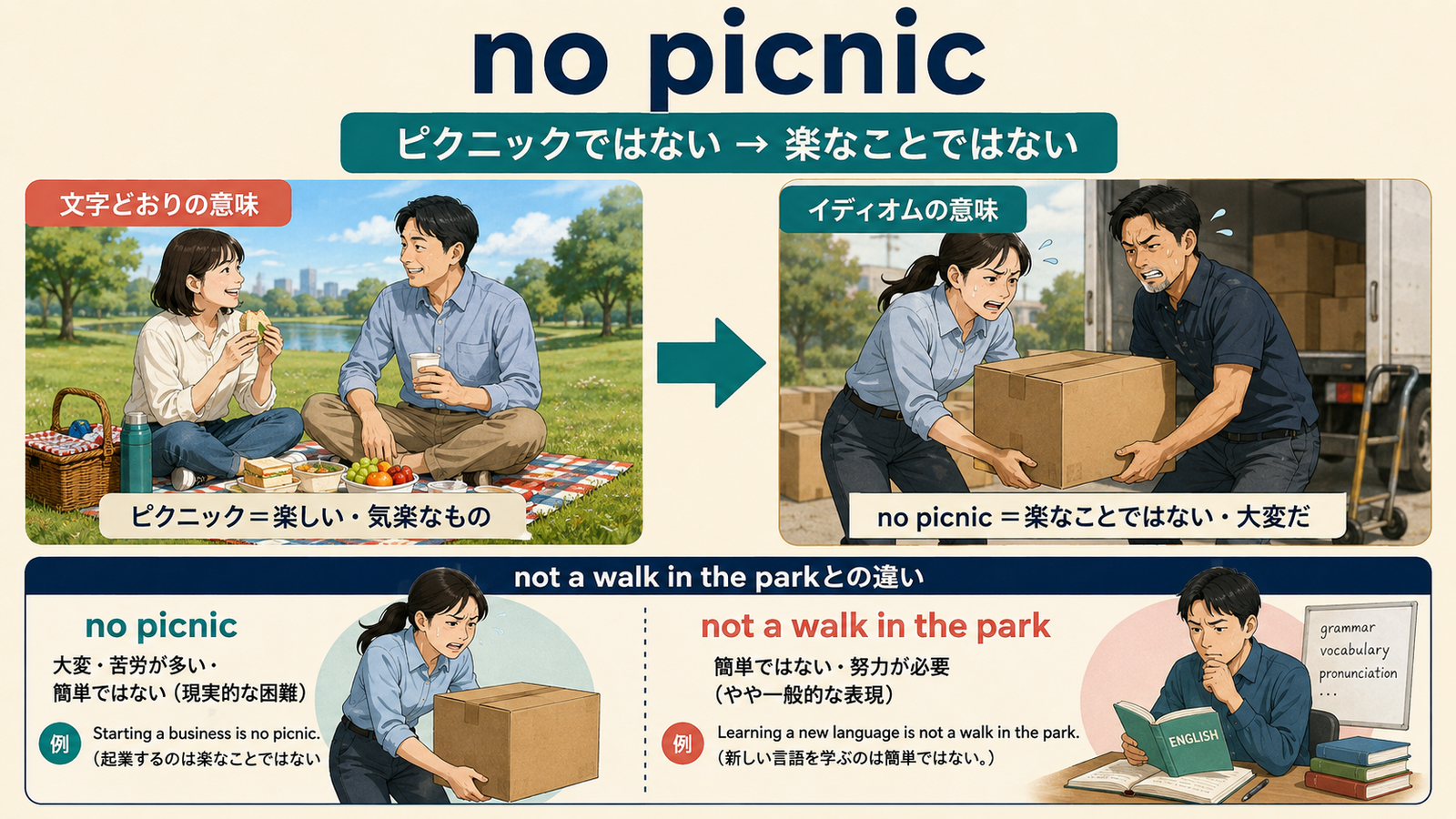 no picnicの直訳イメージと会話での意味を比較する解説イラスト