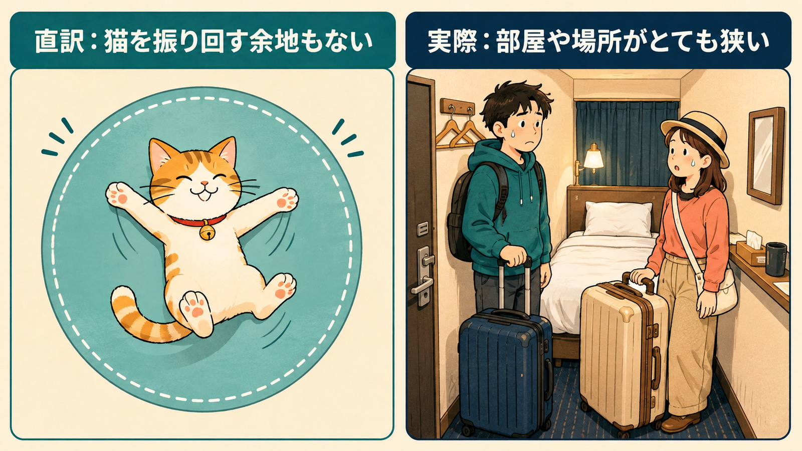 not enough room to swing a catの直訳と実際の意味を比較するイラスト