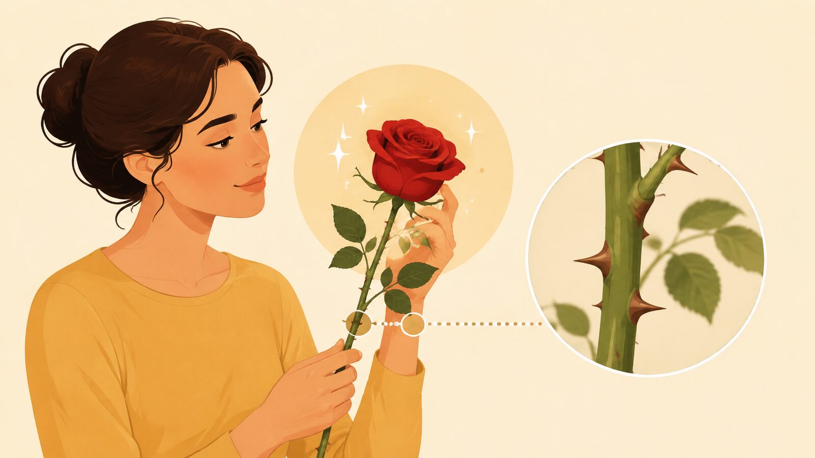 No rose without a thorn.の意味とニュアンスを示すイラスト