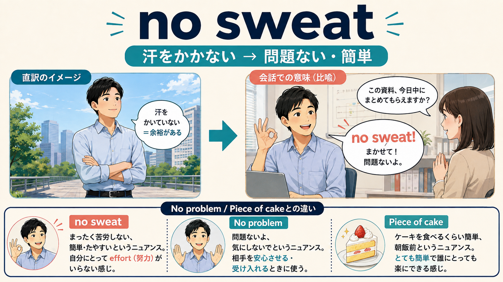 no sweatの直訳イメージと会話での意味を比較する解説イラスト