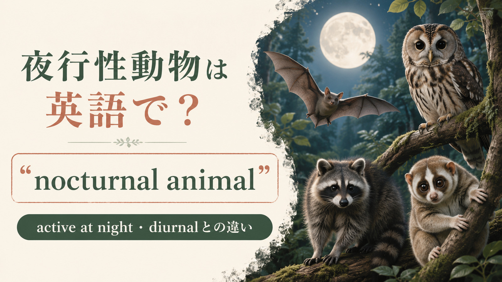 夜行性動物は英語でnocturnal animalと紹介するアイキャッチ画像