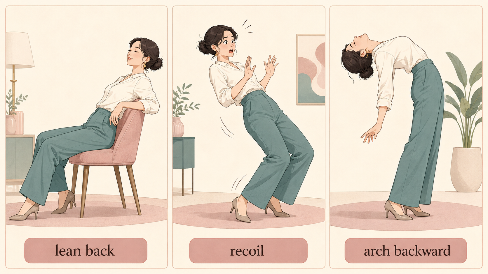 lean back・recoil・arch backwardの違いを示す比較イラスト