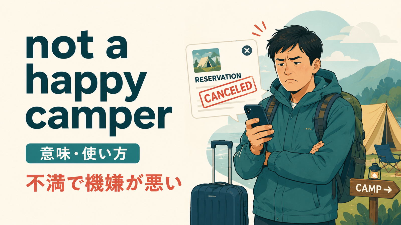 not a happy camperの意味・使い方を解説するアイキャッチ