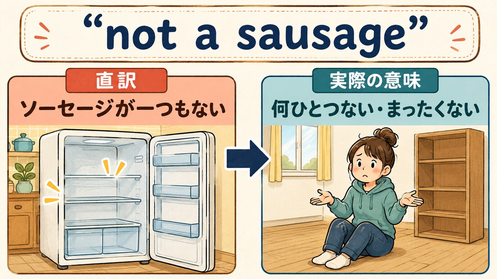 not a sausageの直訳と実際の意味を比較する解説イラスト