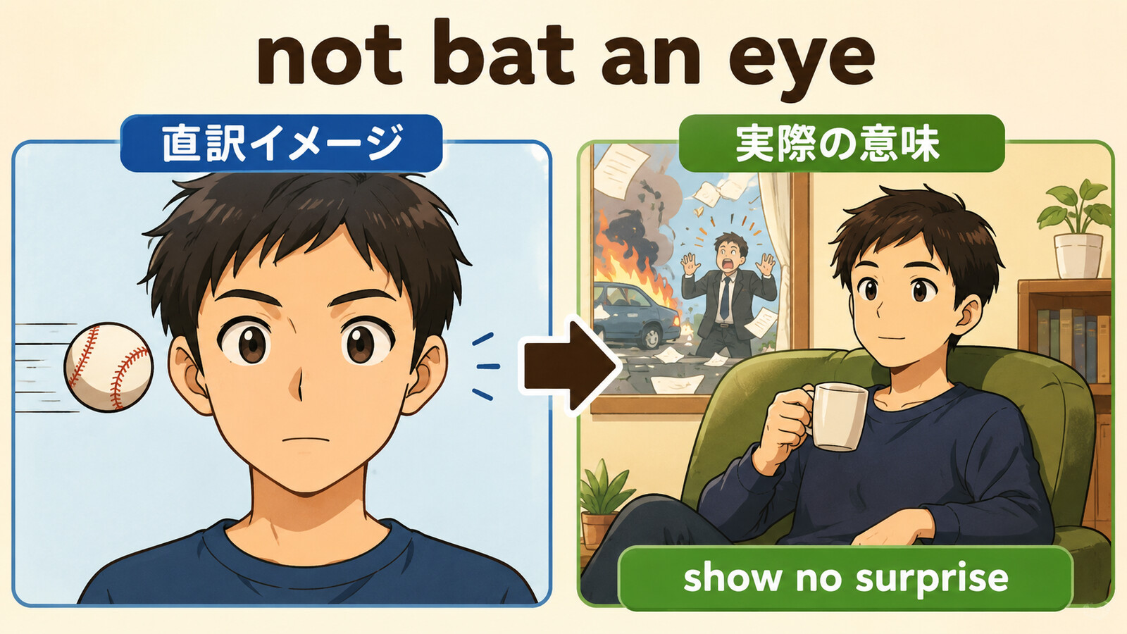 not bat an eyeの直訳イメージと実際の意味を比較する解説イラスト