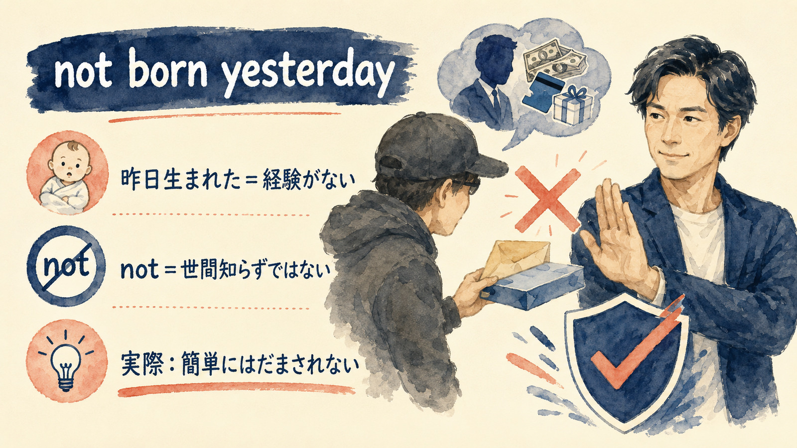 not born yesterdayの直訳と実際の意味を比較する本文イラスト