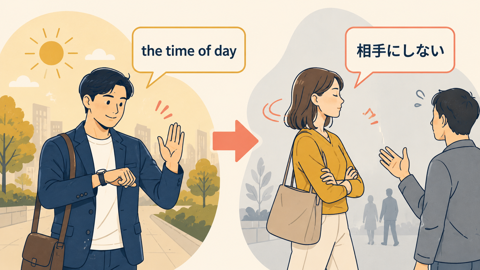 not give someone the time of dayの語感と使い方を視覚的に示す解説イラスト