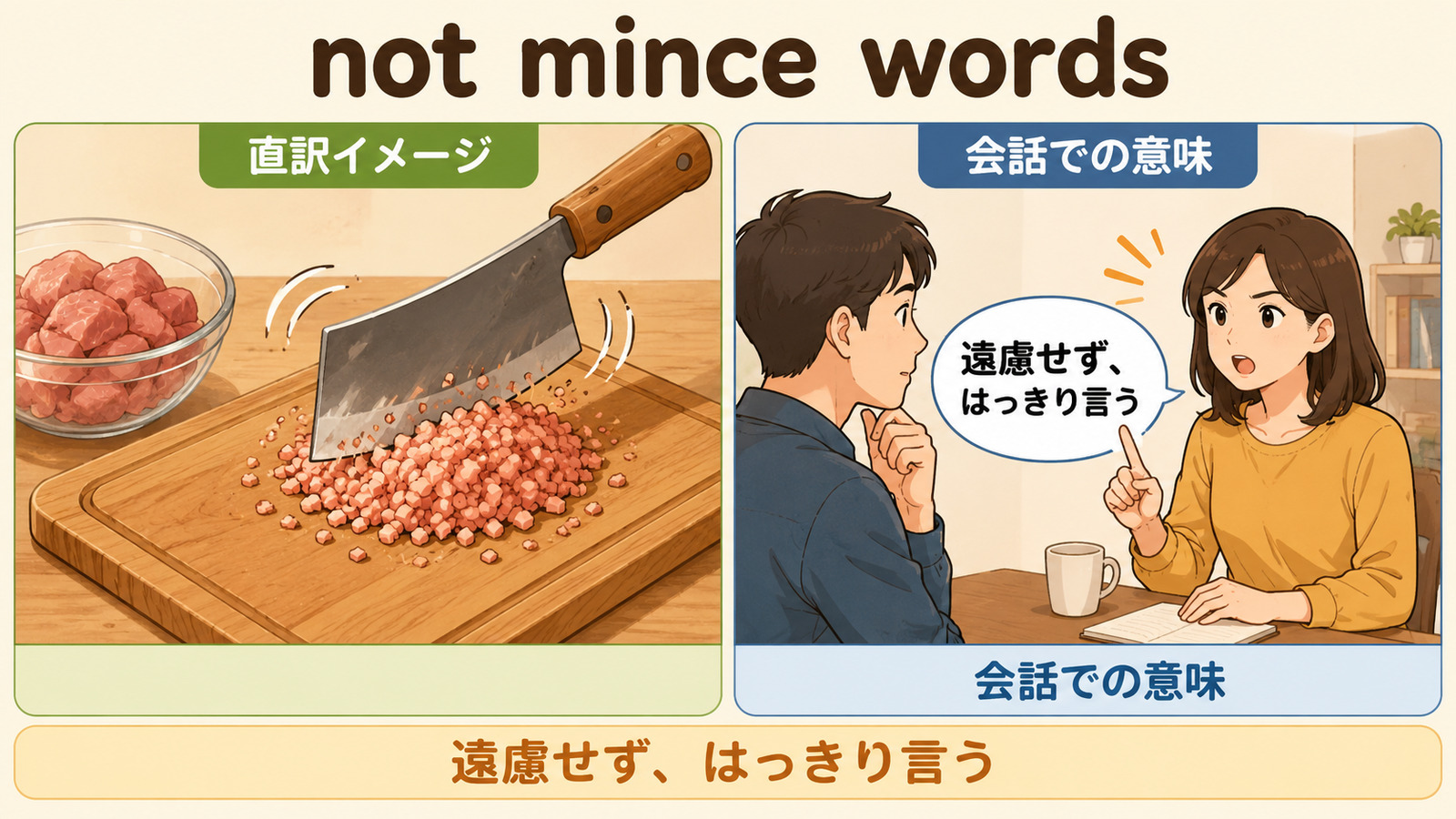 not mince wordsの意味「言葉を濁さず、遠慮なくはっきり言う」を解説するアイキャッチ画像