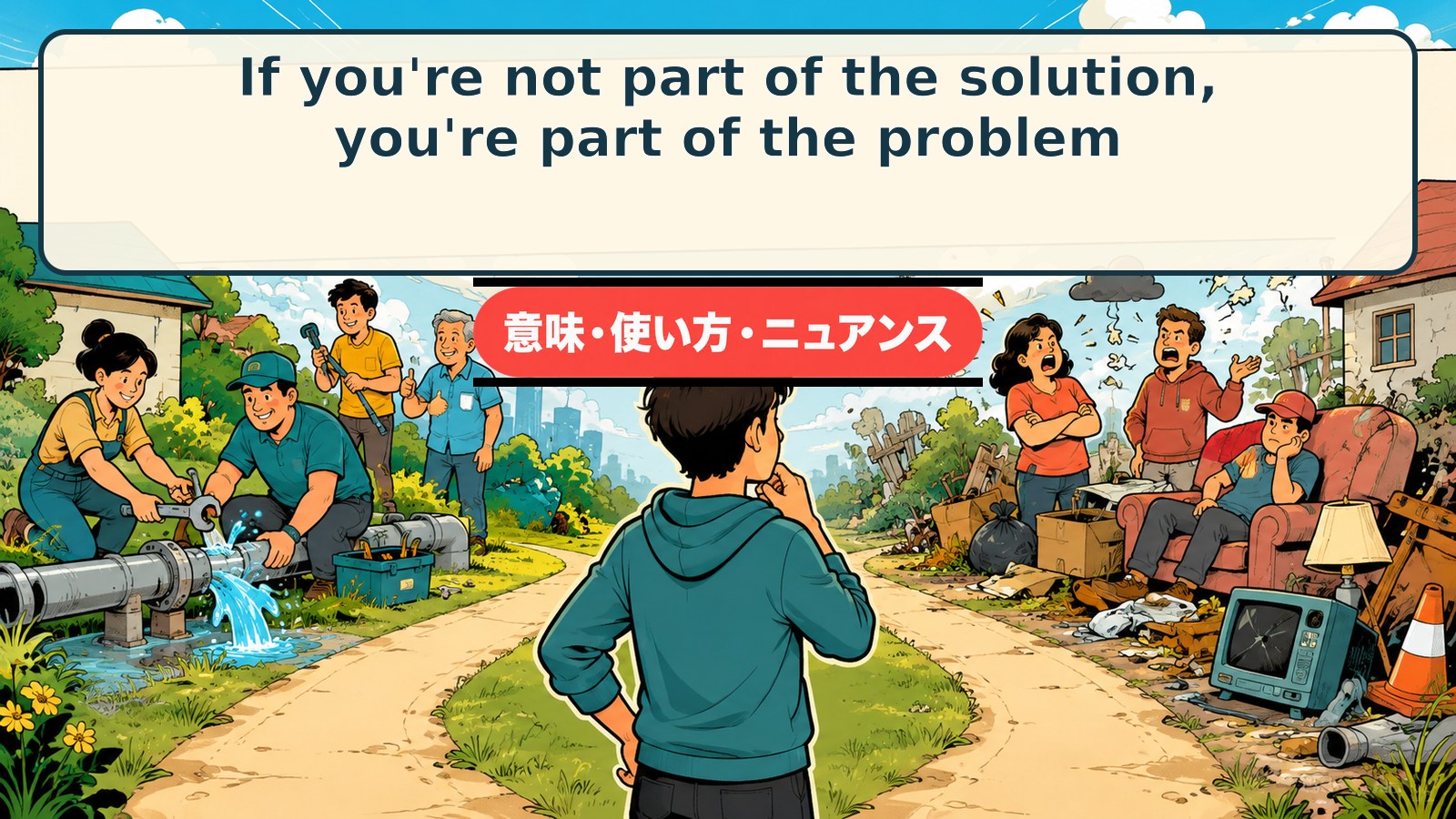 If you're not part of the solution, you're part of the problem.の意味・使い方を対比で示すアイキャッチ