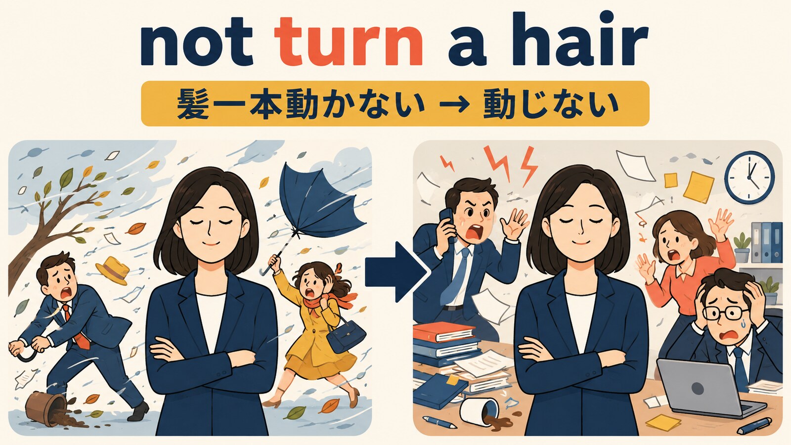 not turn a hairの直訳から実際の意味へのつながりを示す解説イラスト