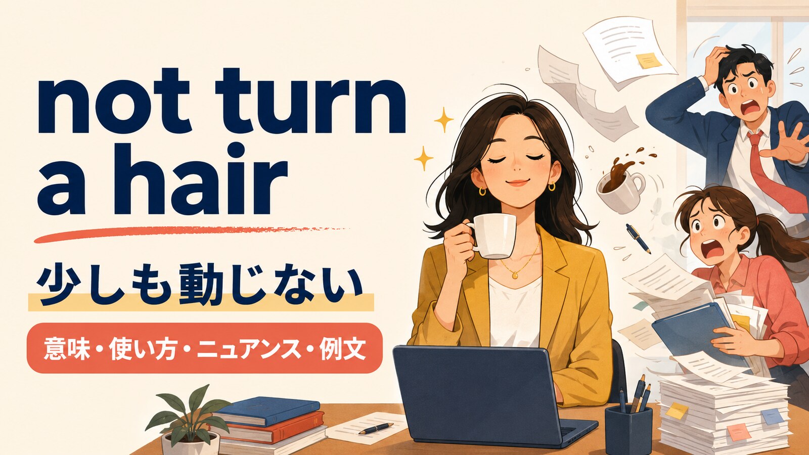 not turn a hairの意味・使い方・ニュアンスを解説するアイキャッチ画像