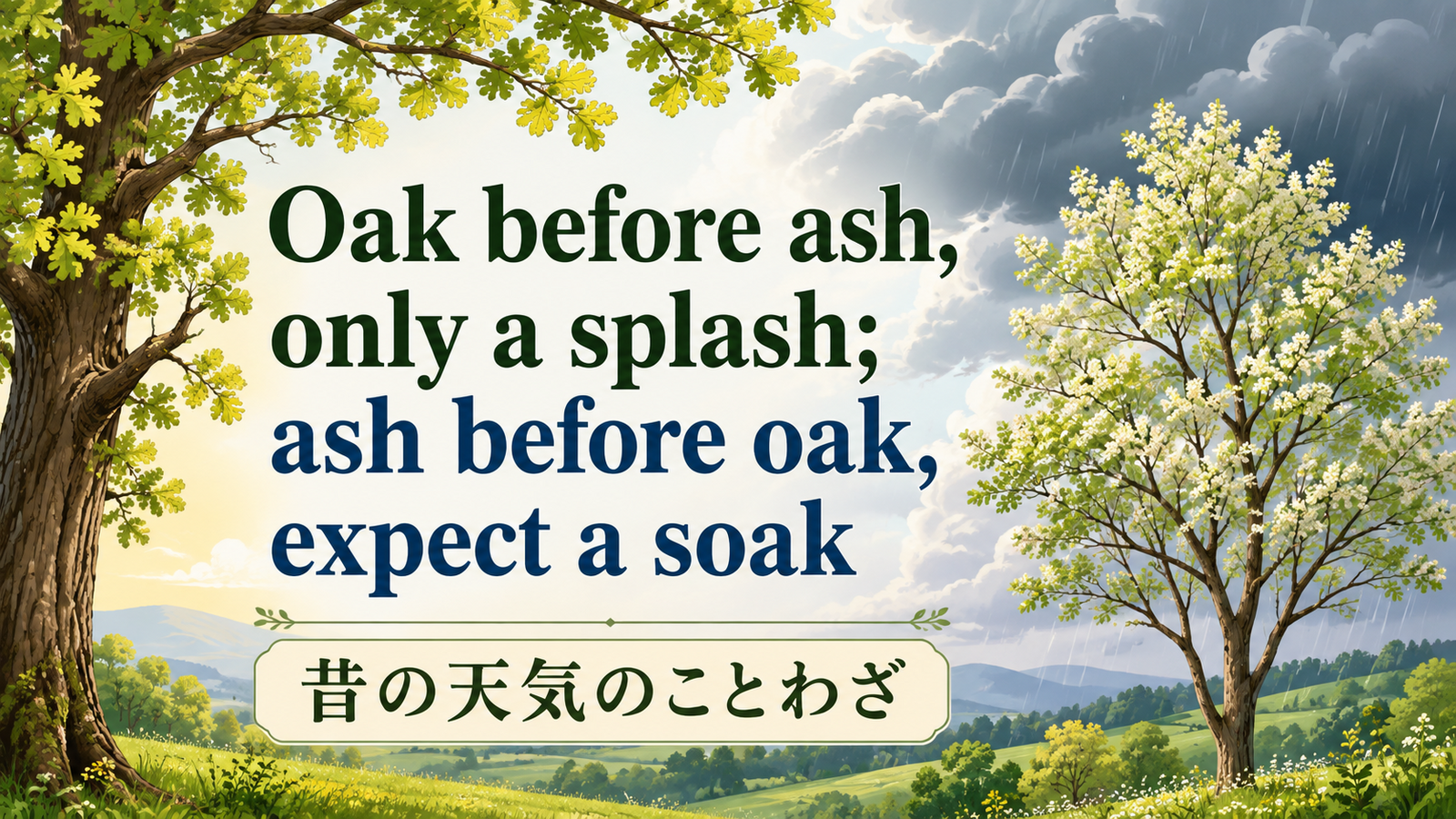 Oak before ash, only a splash; ash before oak, expect a soakの意味・使い方・ニュアンスを解説するアイキャッチ画像