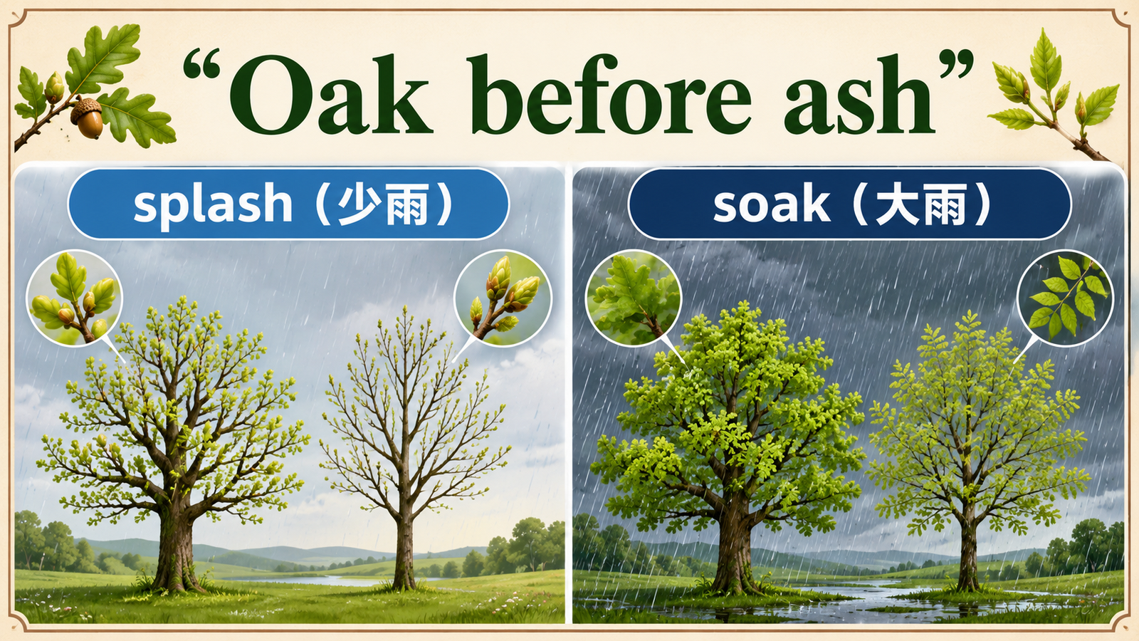 Oak before ash, only a splash; ash before oak, expect a soakの直訳と実際の意味を比較する解説イラスト