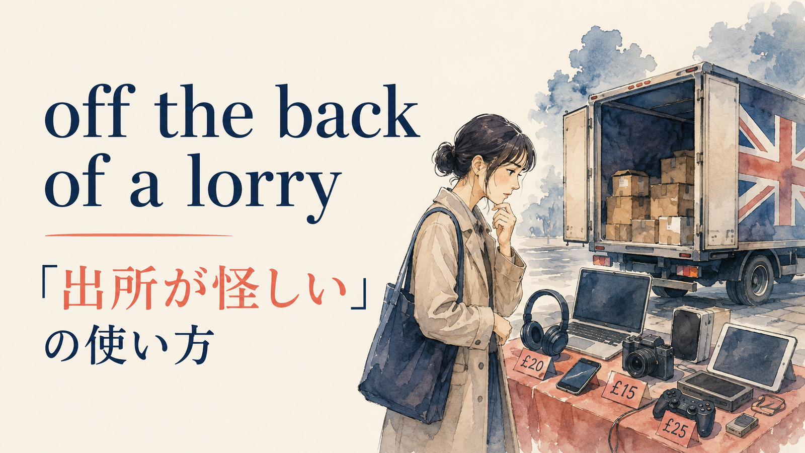 off the back of a lorryの意味・使い方・例文を解説するアイキャッチ画像