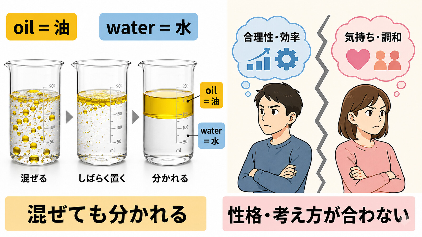 Oil and water don’t mix.の直訳と実際のニュアンスを図解