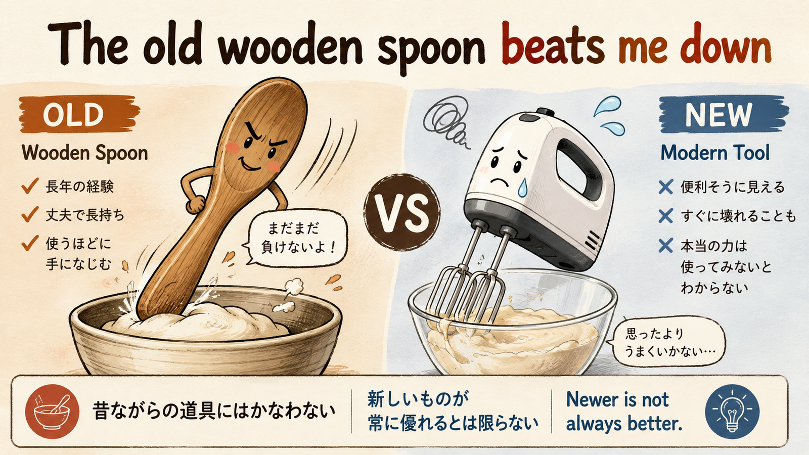 The old wooden spoon beats me down の意味・使い方｜ニュアンスと例文を解説