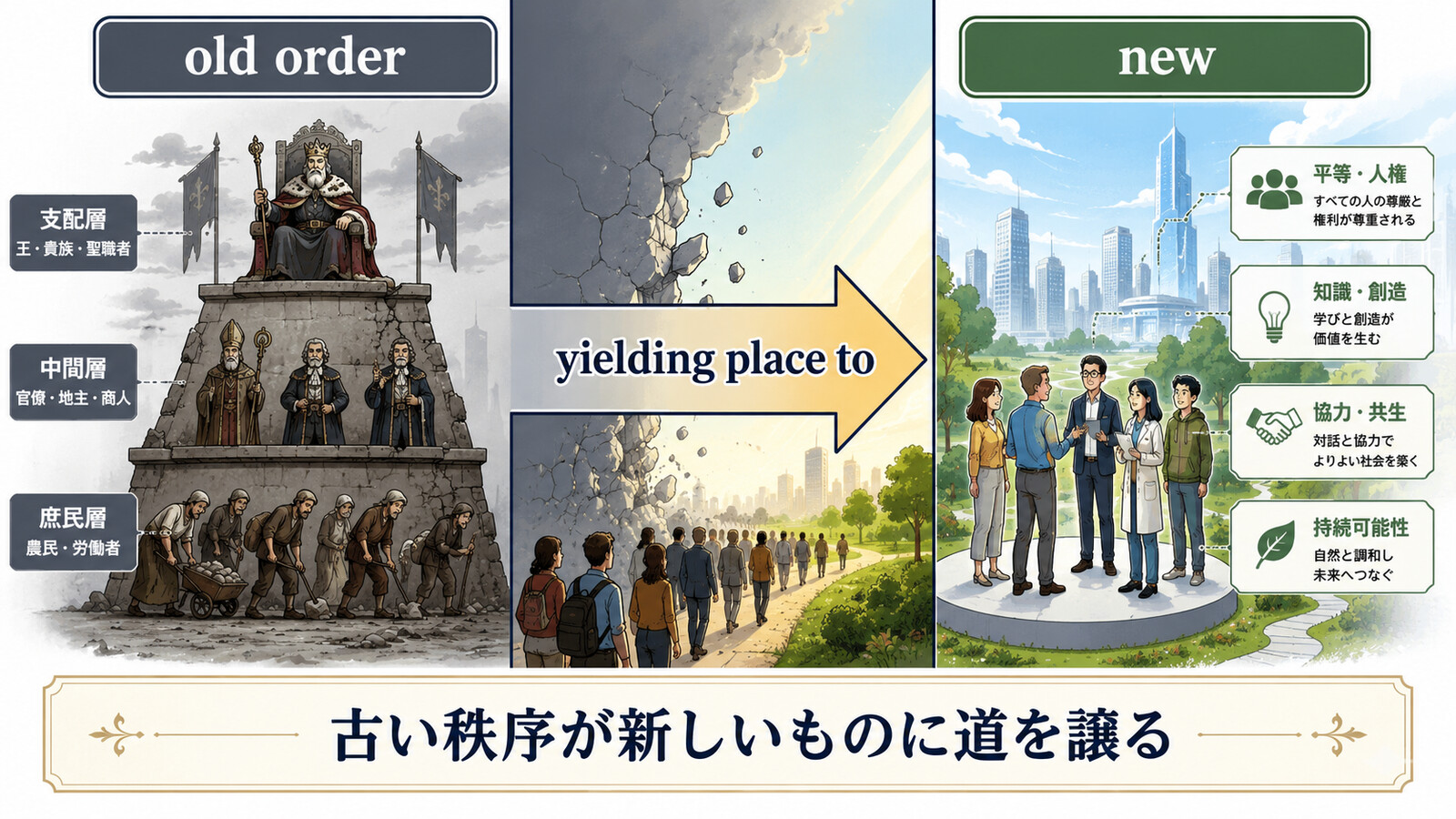 The old order changeth, yielding place to newの語句とニュアンスを整理した解説イラスト