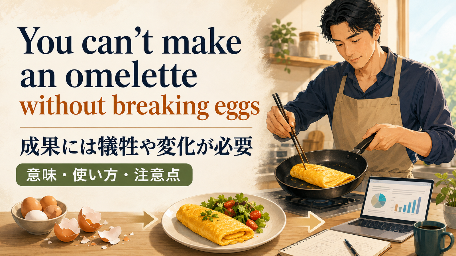 You can’t make an omelette without breaking eggsの意味は？使い方・ニュアンス・例文と簡単な言い換え