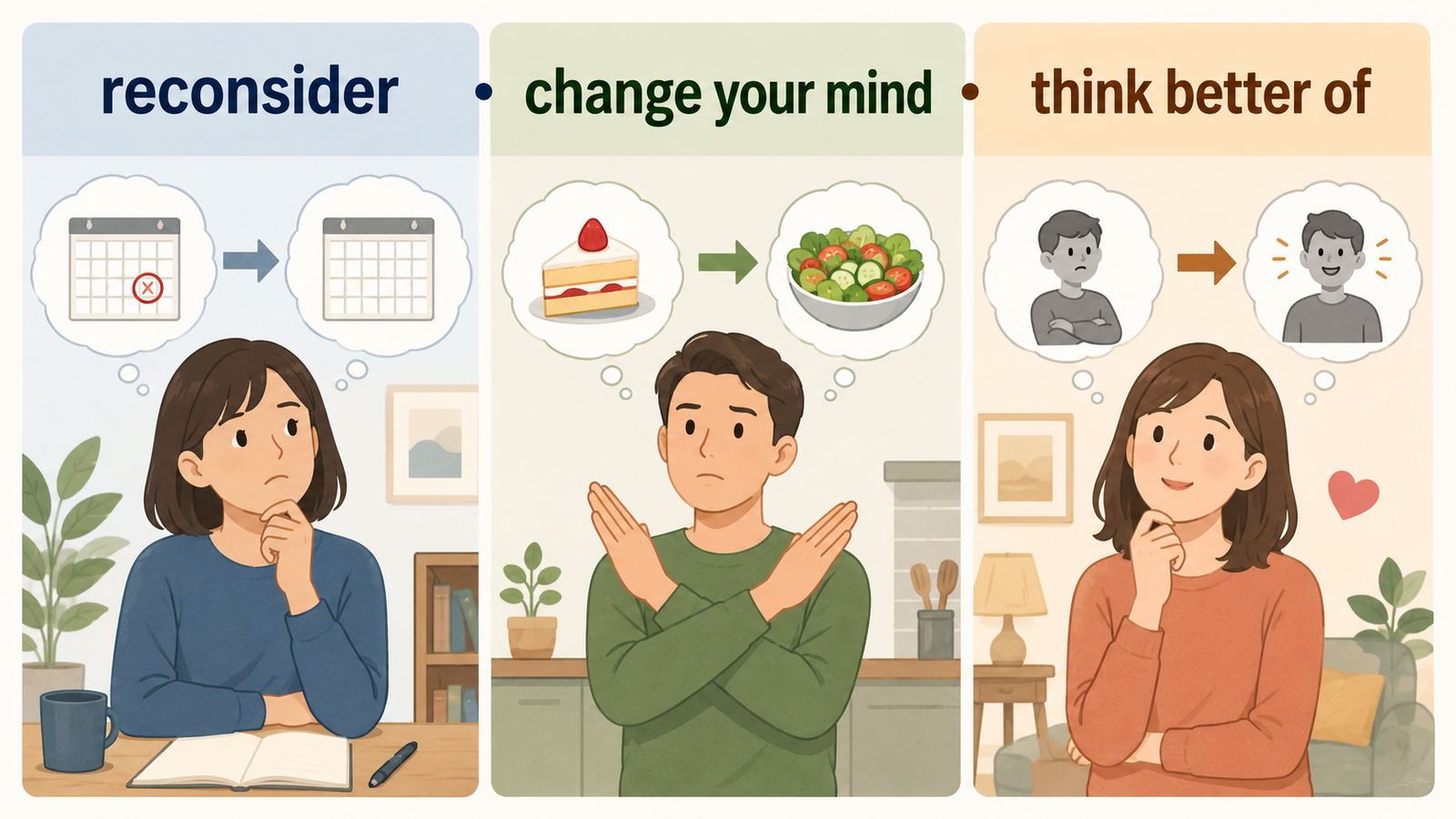 思い直すを表すreconsider・change your mind・think better ofの違い