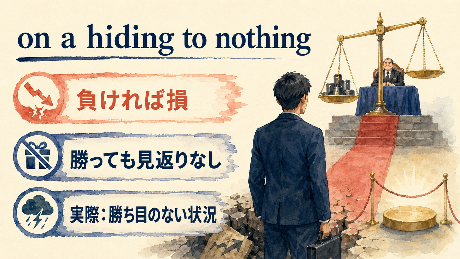 on a hiding to nothingの直訳と実際の意味を比較する本文イラスト