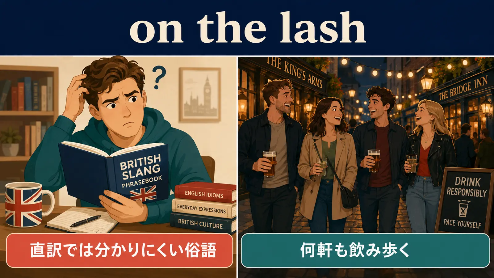 on the lashの直訳イメージと実際の意味の比較図