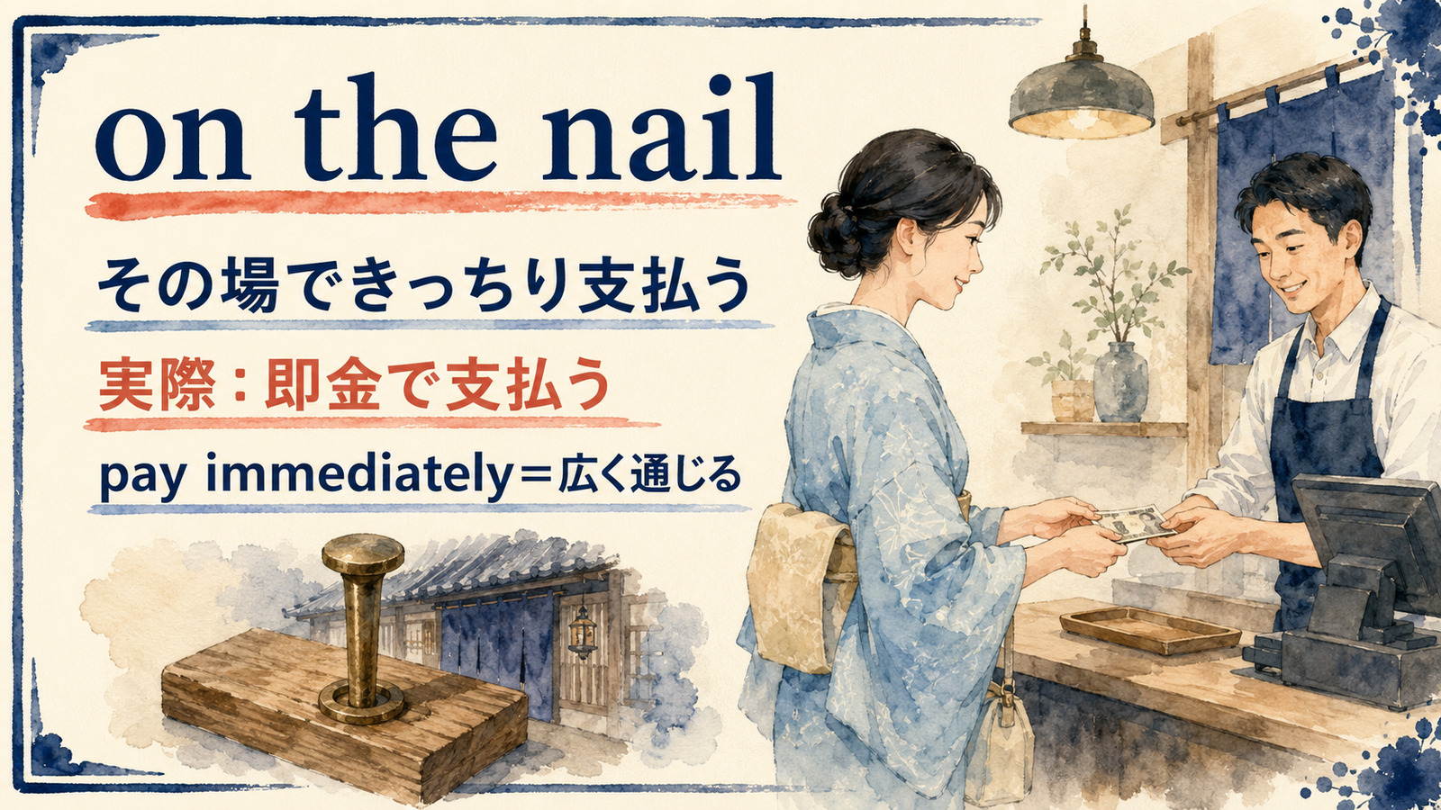 pay on the nailの直訳と実際の意味を比較する本文イラスト