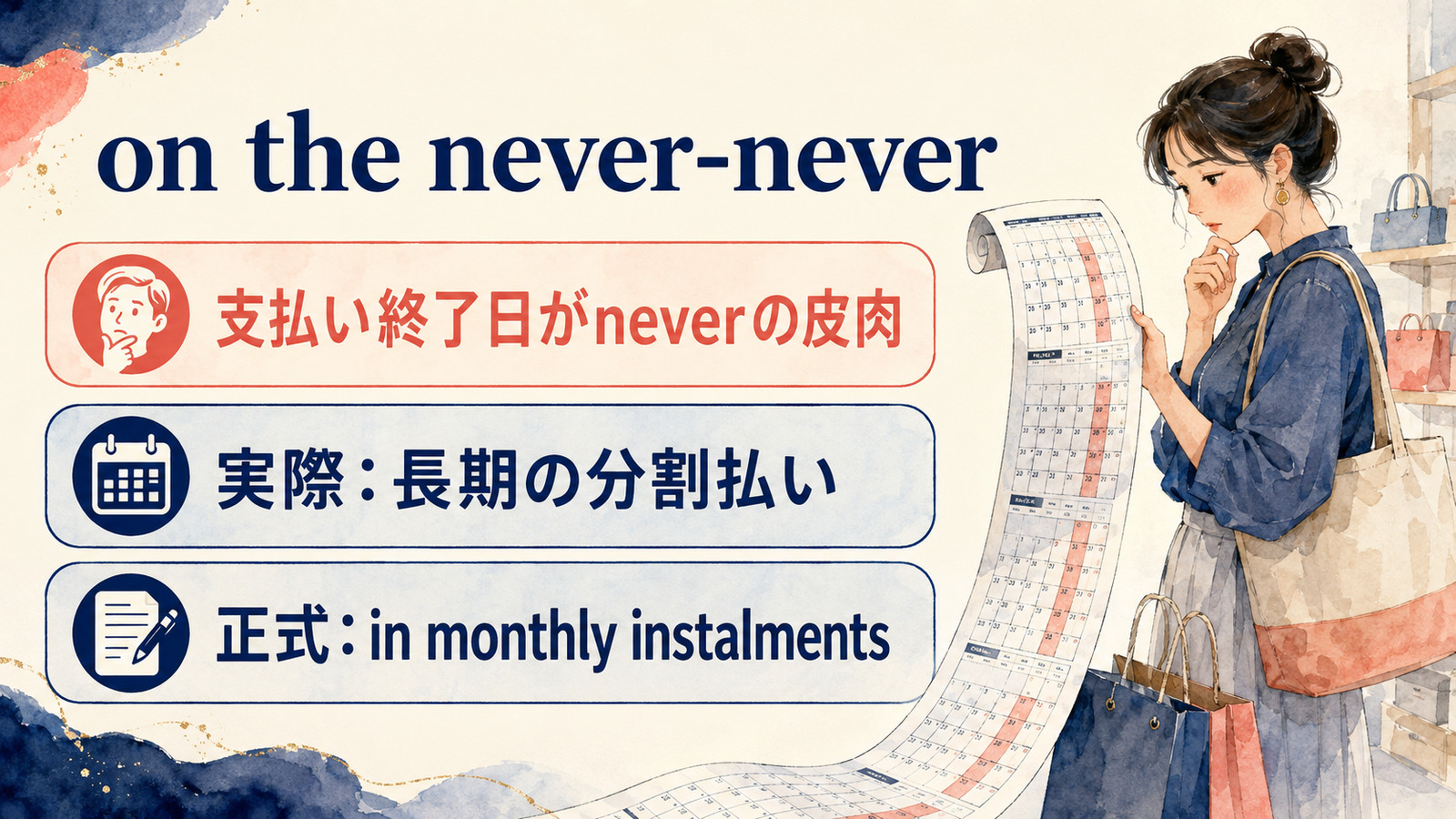 on the never-neverの直訳と実際の意味を比較する本文イラスト