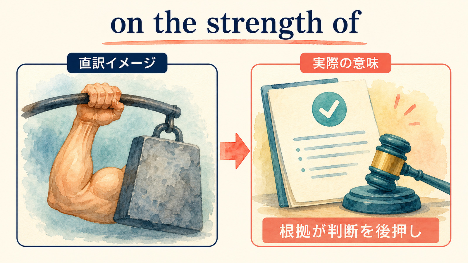 on the strength ofの直訳イメージと実際の意味を比較する解説イラスト
