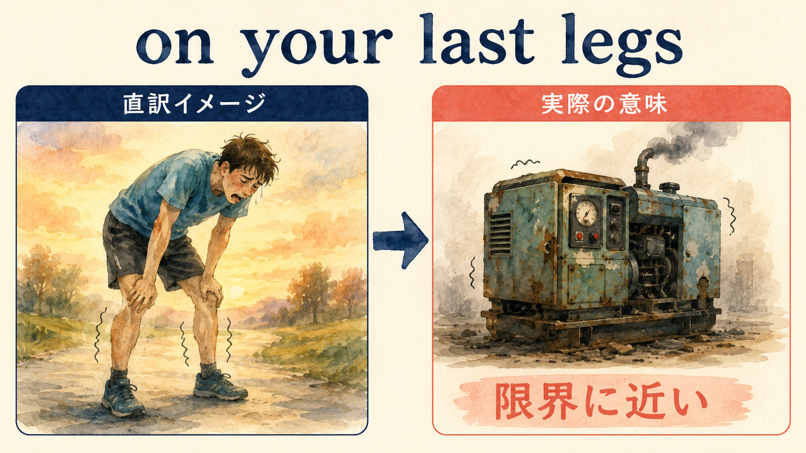 on your last legsの直訳イメージと実際の意味を比較する解説イラスト