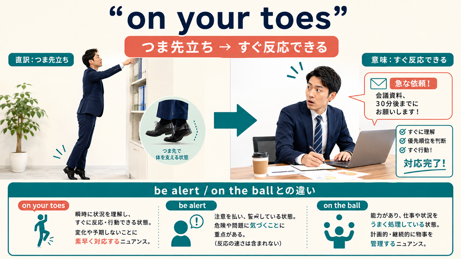 on your toesの意味は？「気を抜かず機敏に対応できる状態で」の使い方・ニュアンスと例文