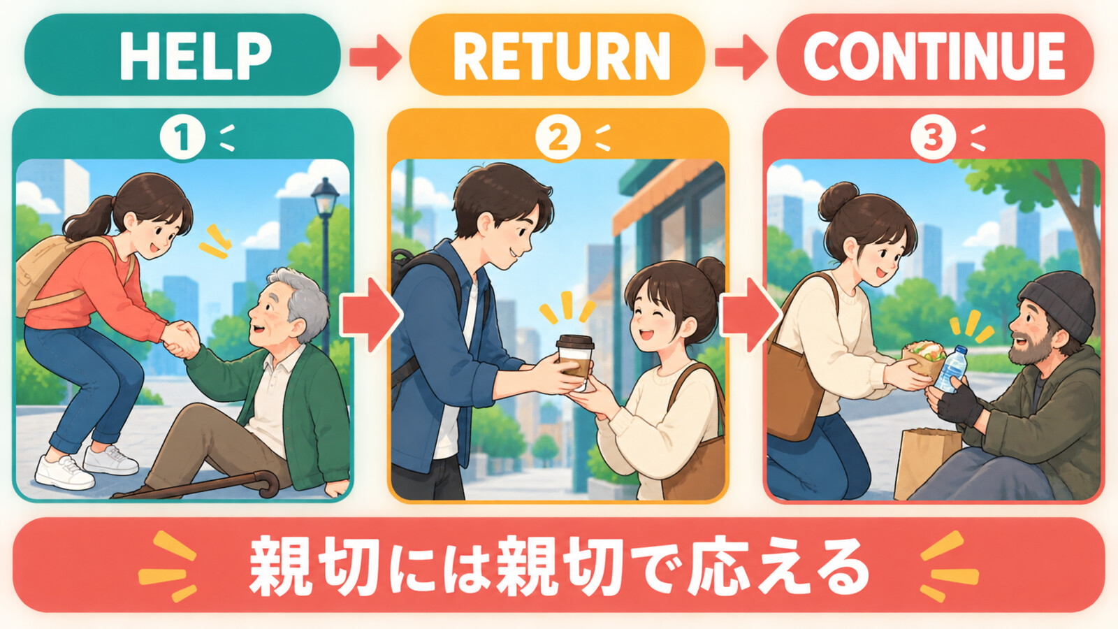One good turn deserves another.の直訳と実際の意味を比較する解説イラスト