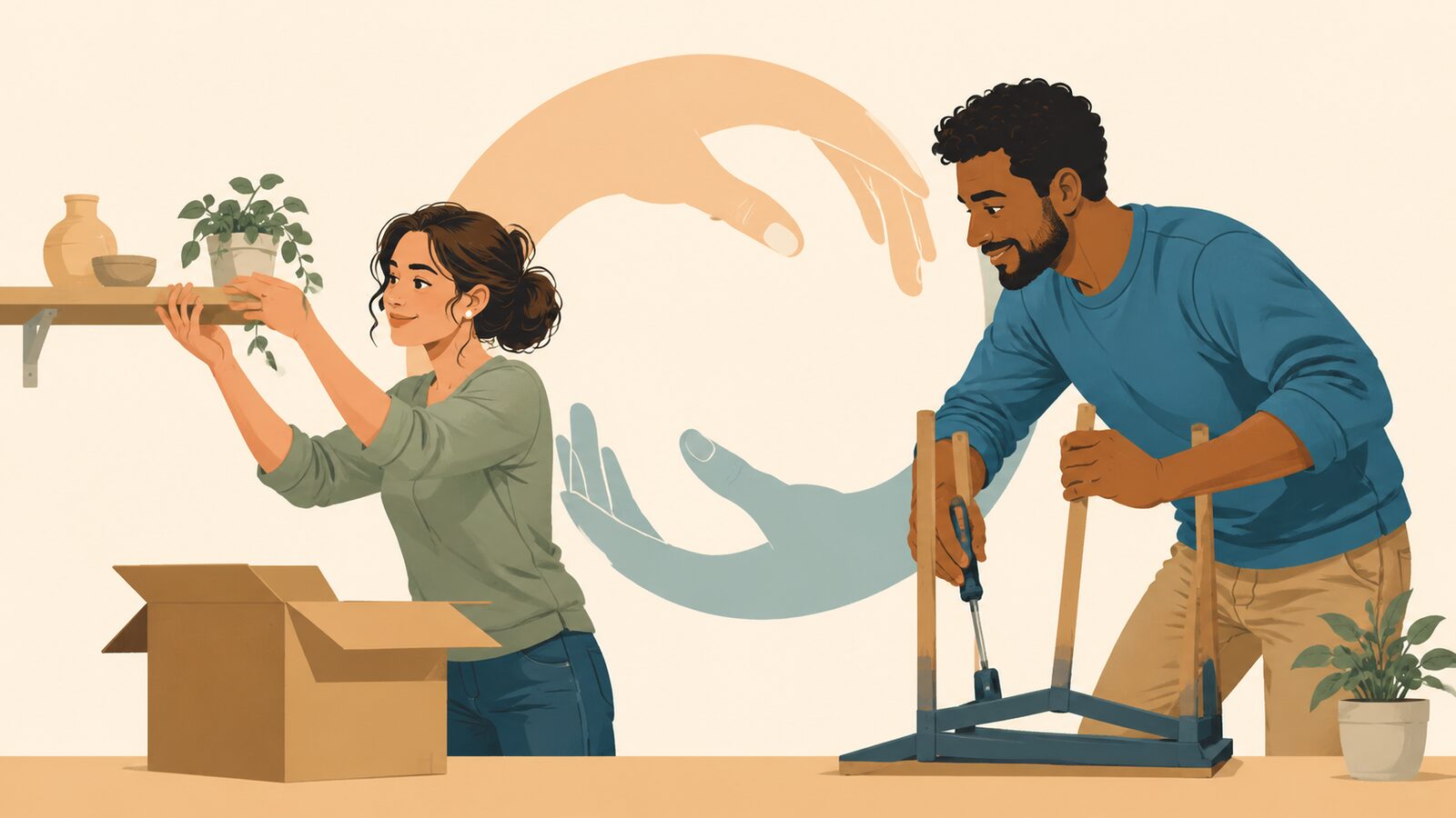 One hand washes the other.の意味とニュアンスを示すイラスト