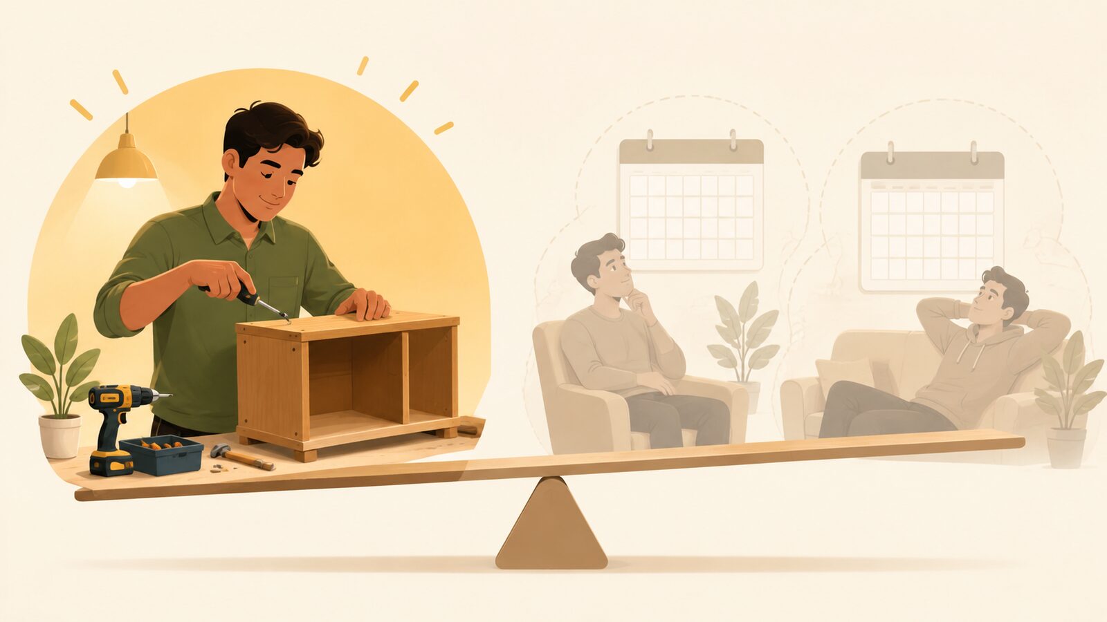 One today is worth two tomorrows.の意味とニュアンスを示すイラスト