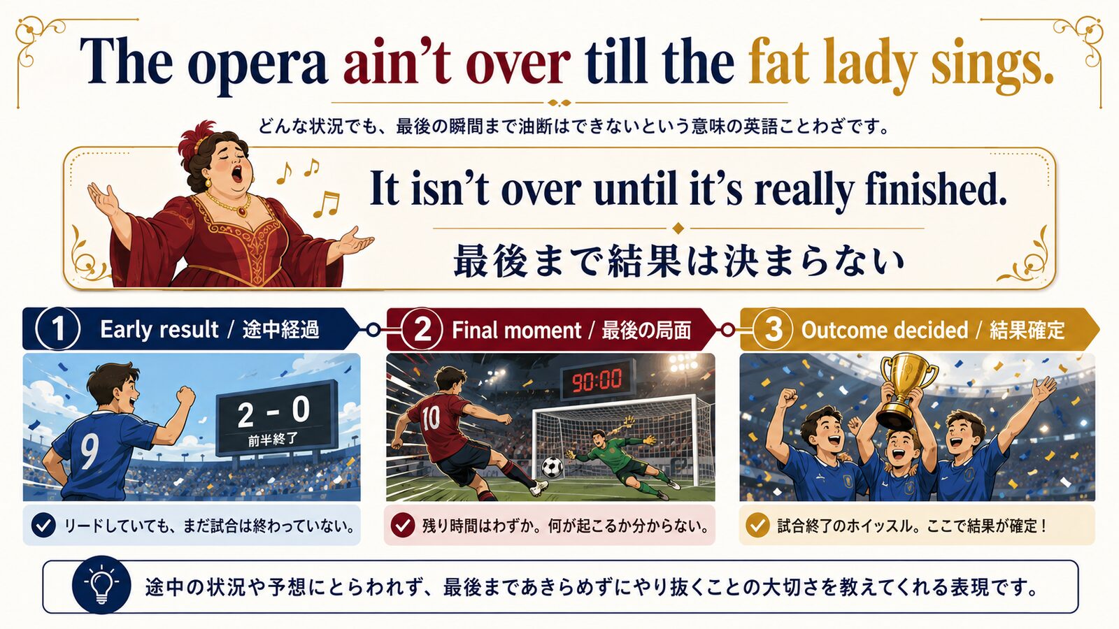 The opera ain’t over till the fat lady singsの意味を示す図解