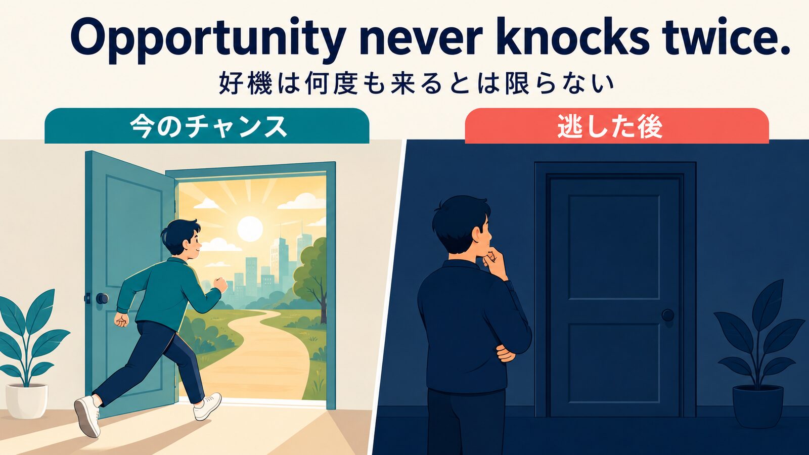 Opportunity never knocks twice.の考え方を比較した解説イラスト