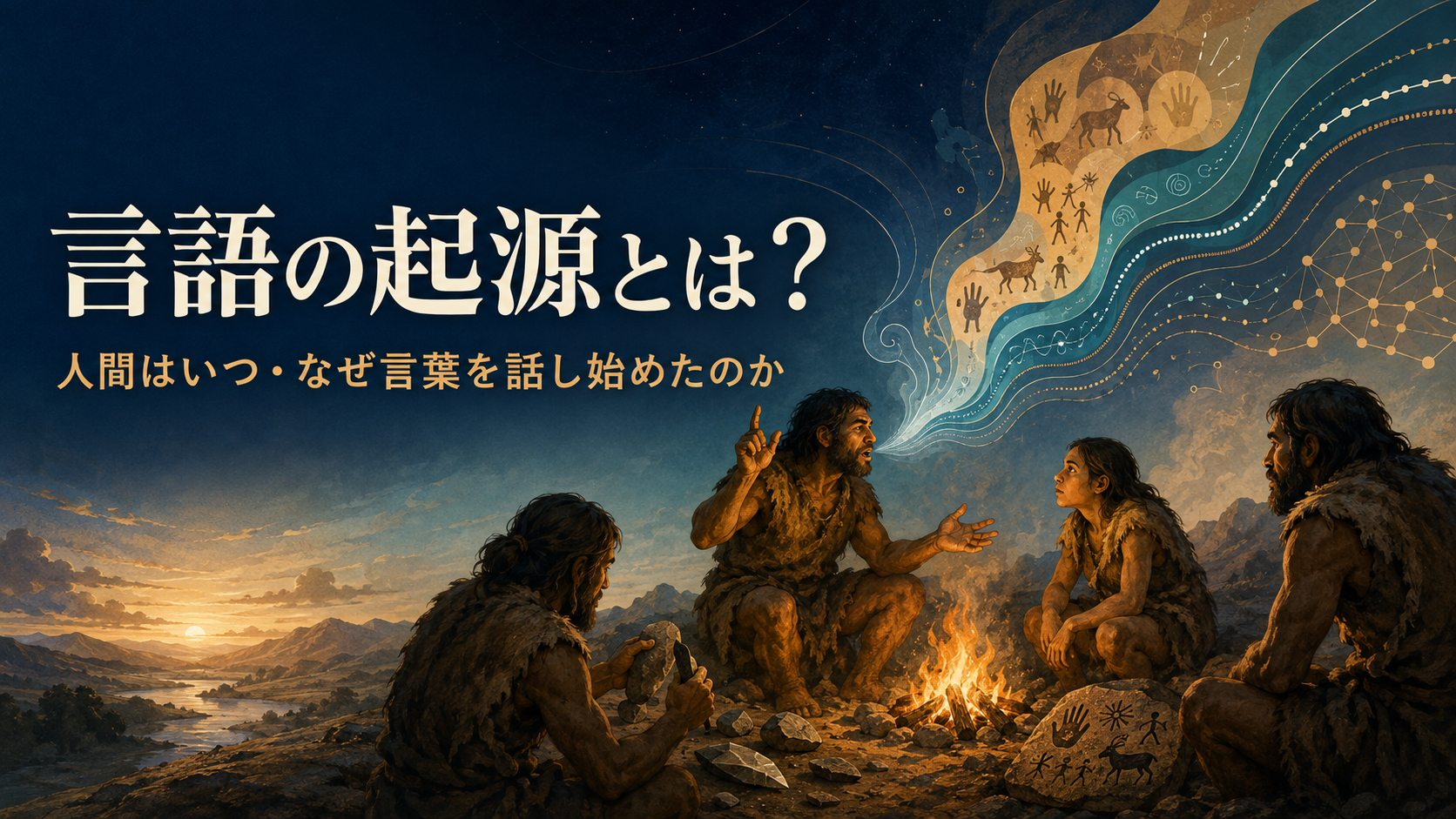 言語の起源を身振り・音声・共同作業から描いたイラスト