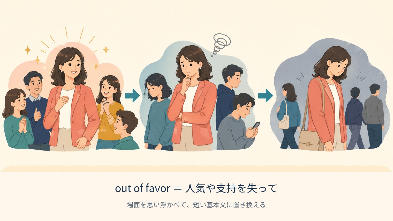 out of favor の意味を示す解説イラスト