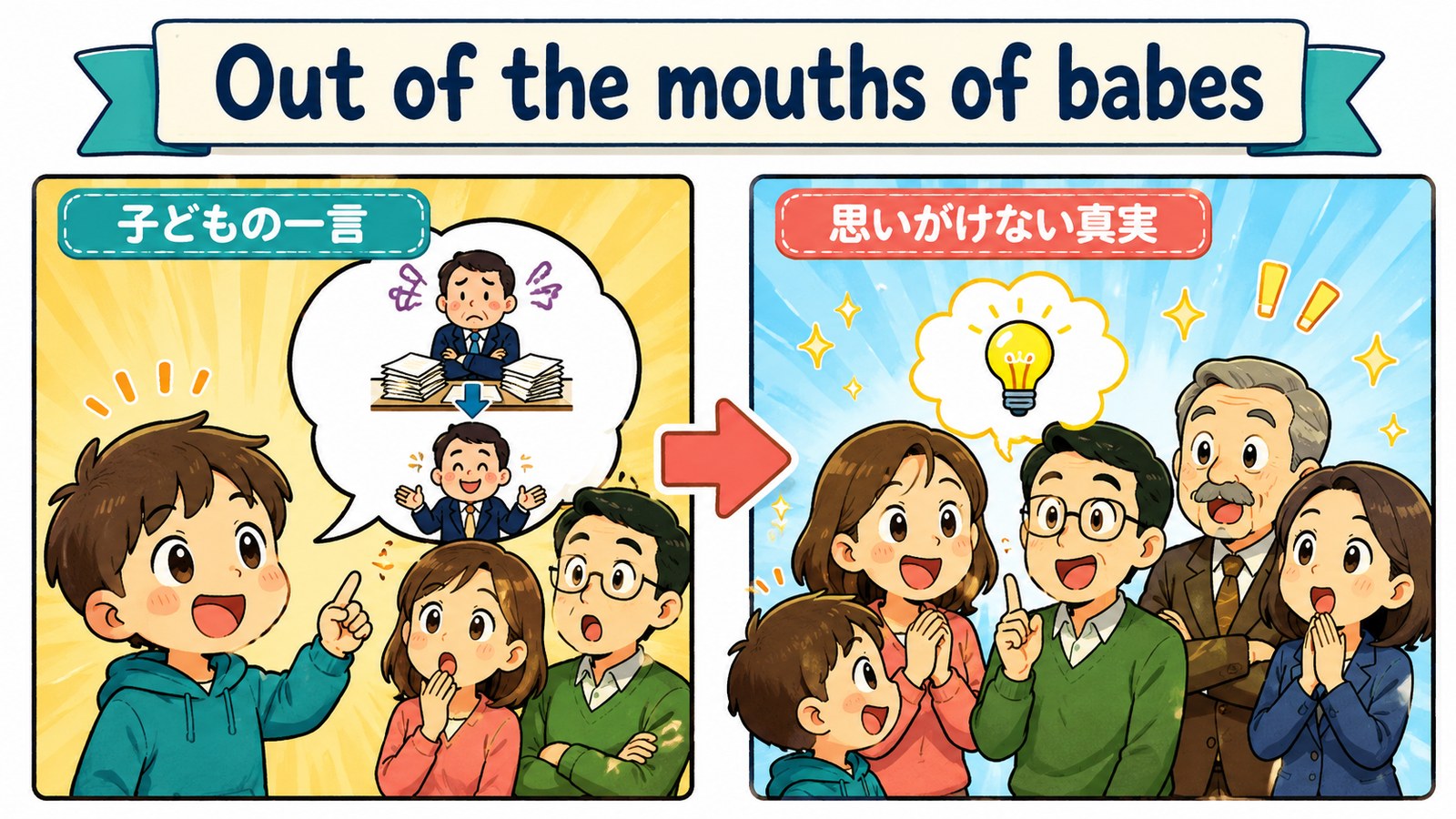 Out of the mouths of babes.の直訳・実際の教訓・簡単な言い換えを比較した図