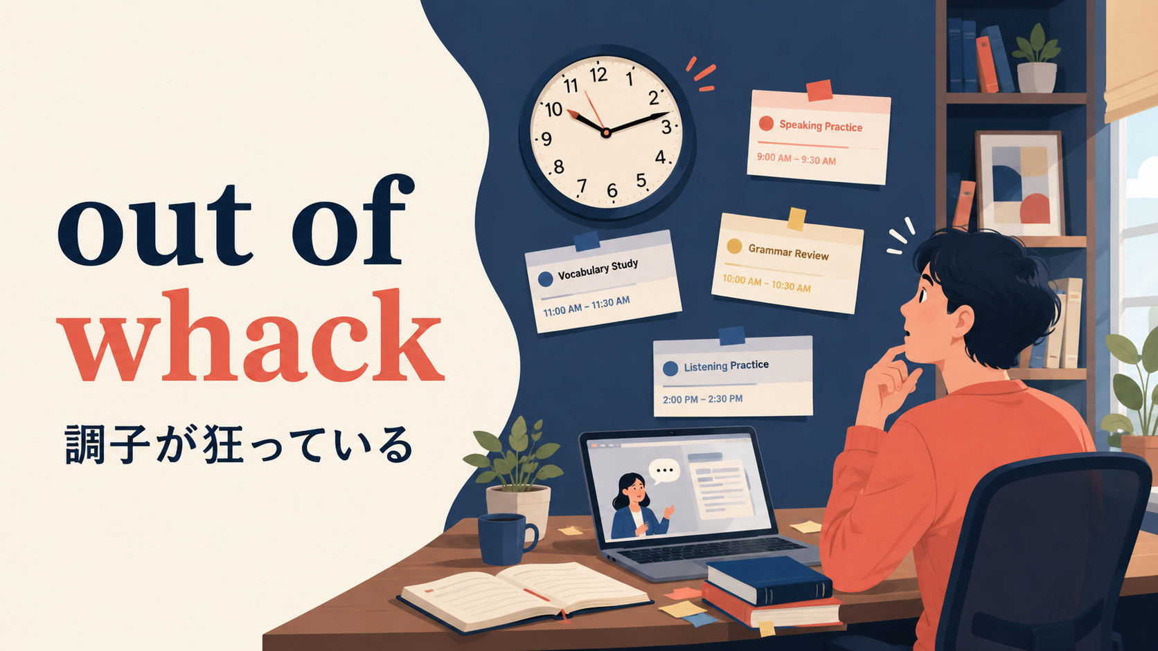 out of whackの意味「調子が狂っている・正常でない」を示すアイキャッチ画像