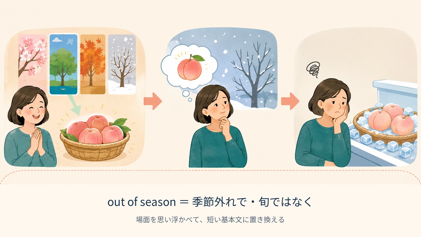 out of season の意味を示す解説イラスト