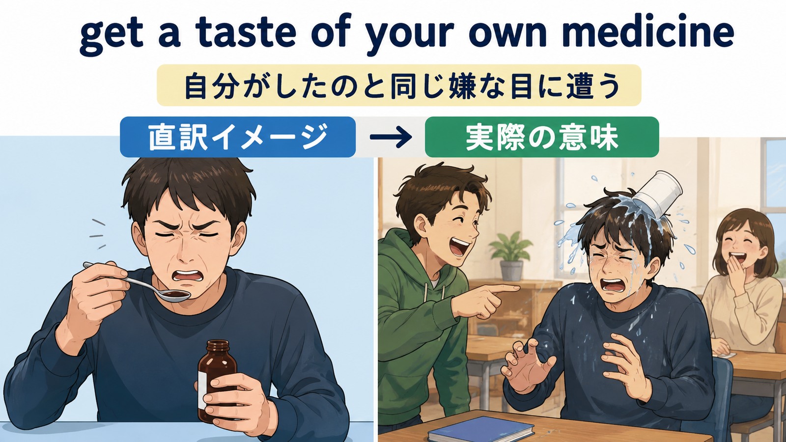 get a taste of your own medicineの直訳イメージと実際の意味を比較したイラスト