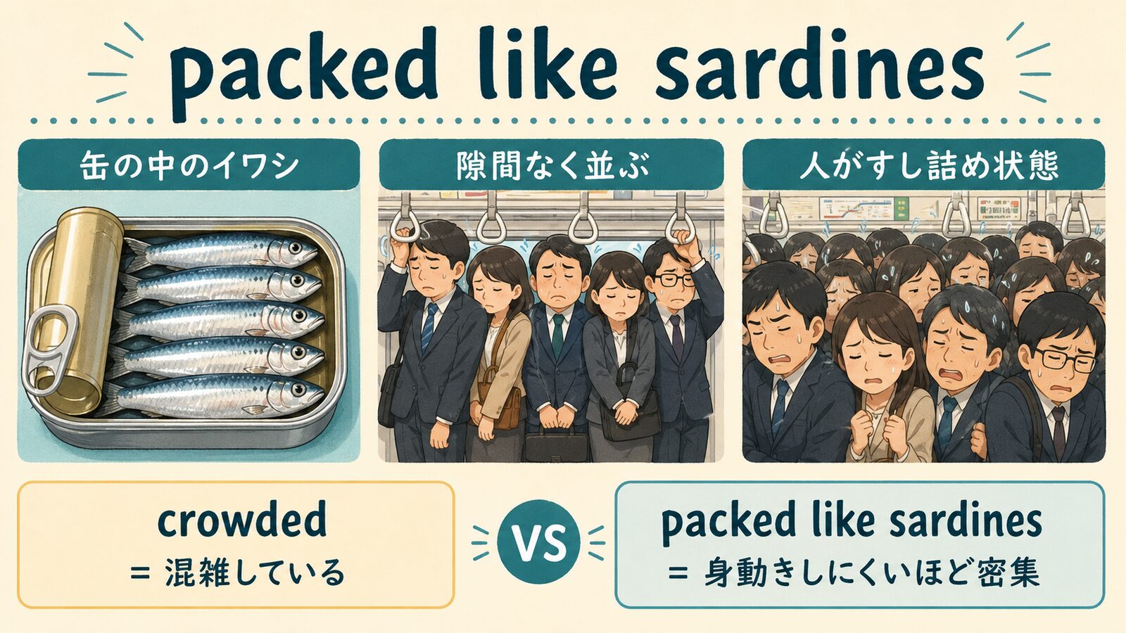 packed like sardinesの意味は？「すし詰め状態で・ぎゅうぎゅうに」の使い方・ニュアンスと例文
