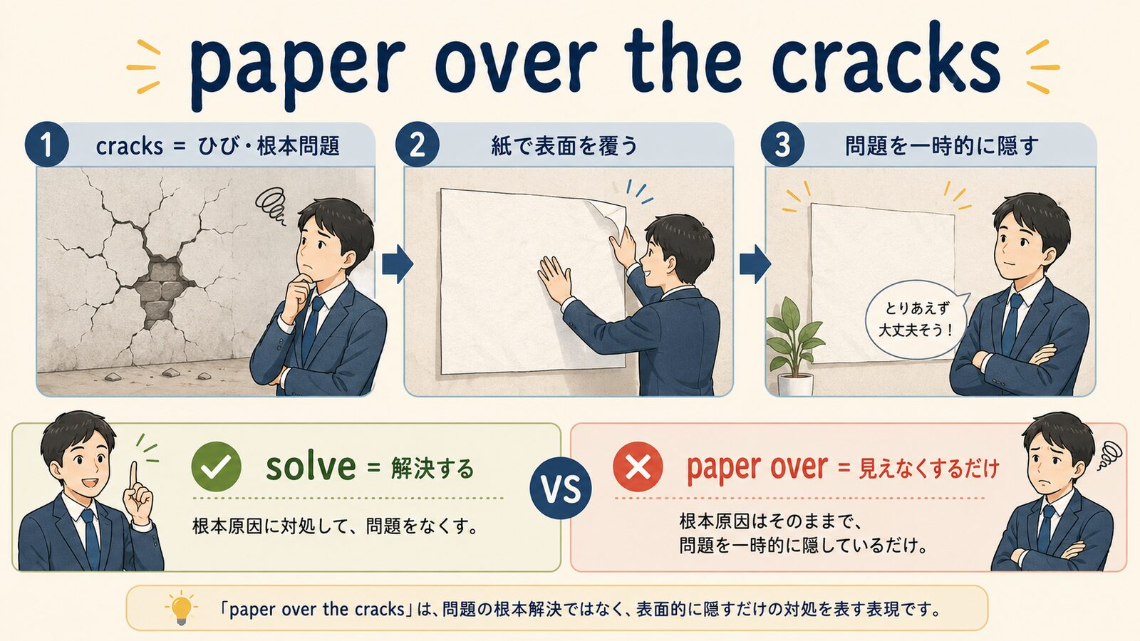 paper over the cracksの直訳イメージと実際のニュアンスを比較する解説イラスト