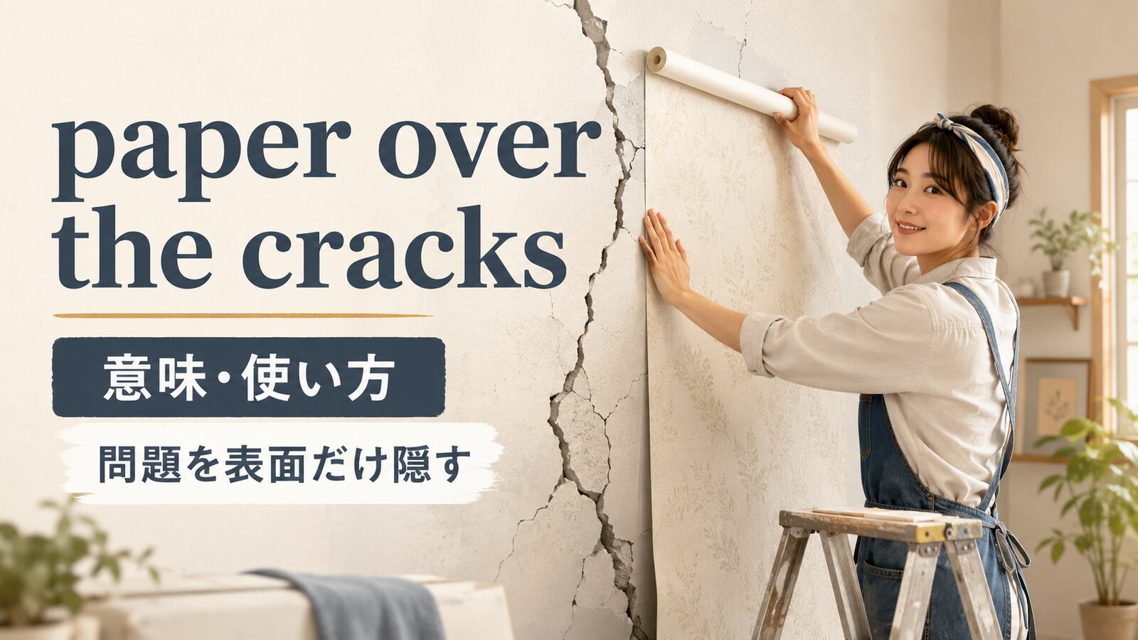 paper over the cracksの意味と使い方を解説するアイキャッチ